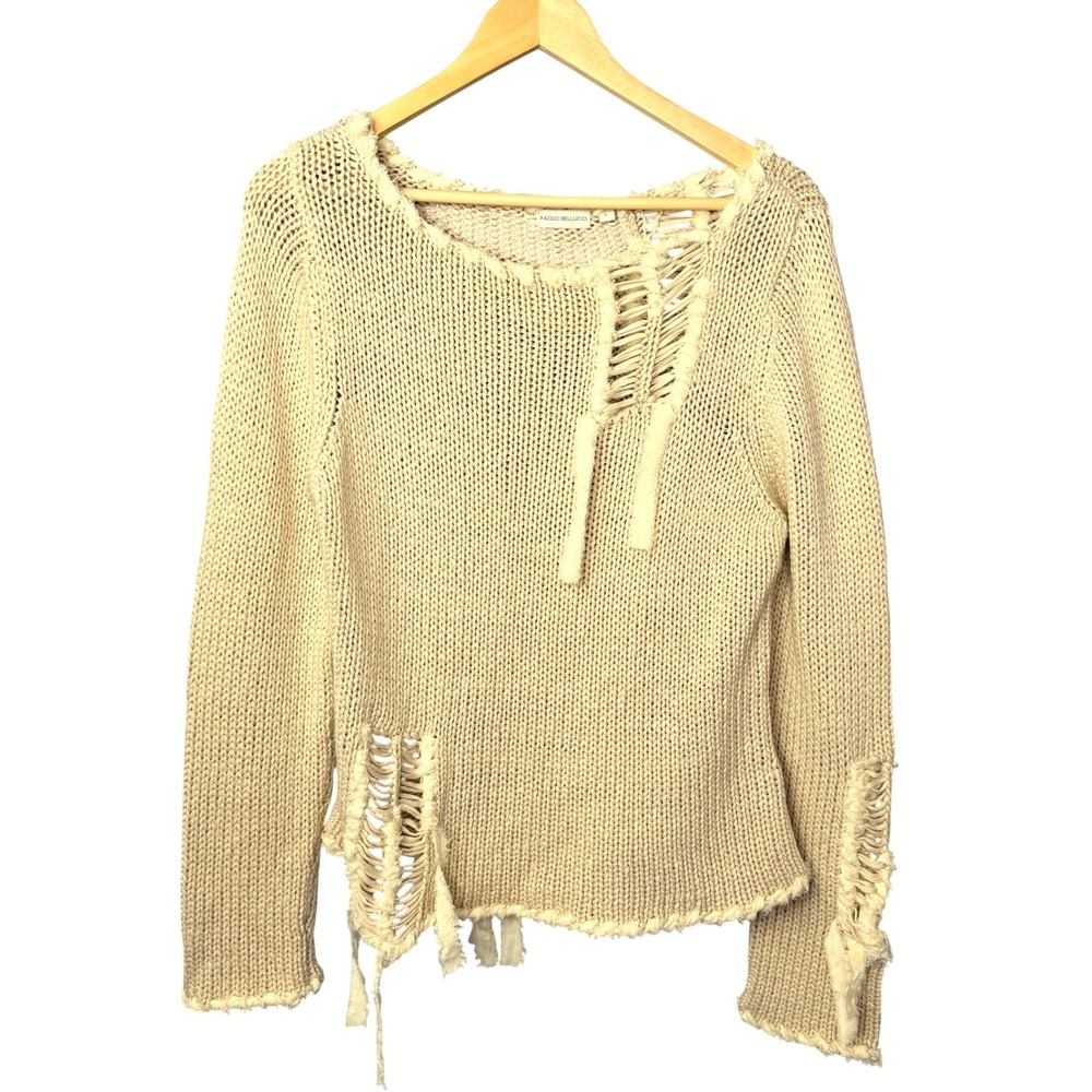VTG Y2K Paolo Bellucci Distressed Sweater Womens L Beige Open Knit Indie Grunge